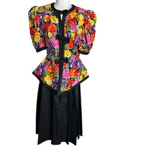 VTG 80s Antara Floral Puff Sleeve Peplum Dress Black Skirt Bow Trim Bold 13/14